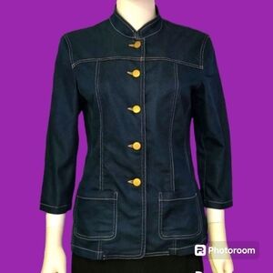 Vtg VERSAILLES 70s Navy Chambray High Collar Button Down Shacket Blouse Small